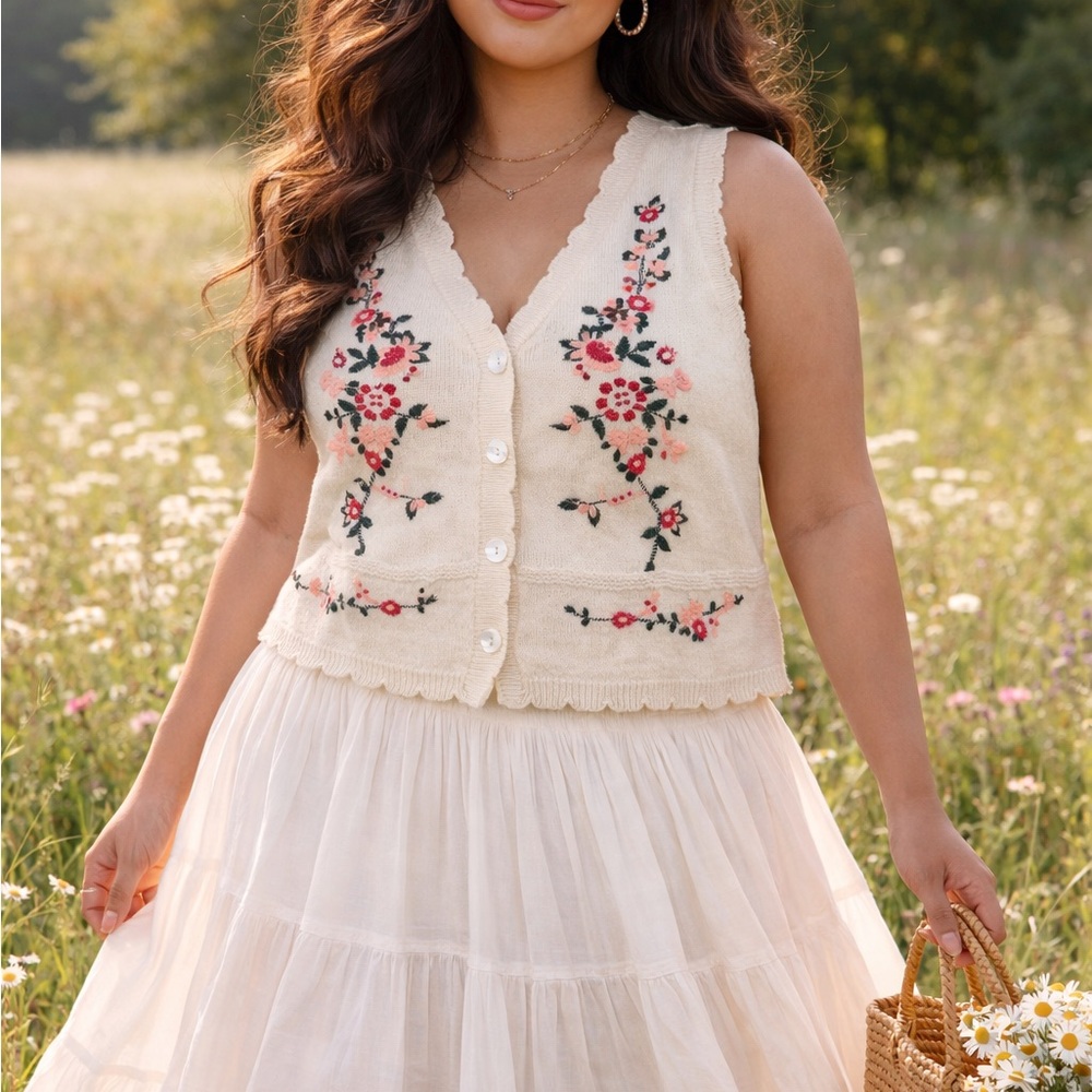 Vintage Floral Knit Vest | 0x Wide Size | Cozy Grandma Core